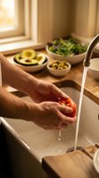 Person washing fresh red tomato under running water at kitchen sink with vegetables in bowls and natural window light during meal preparation.