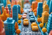 Colorful miniature city scene with toy cars and buildings in vibrant orange and blue tones, perfect for urban development, transportation, or smart city concept illustrations.
