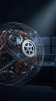 Futuristic mechanical sphere with glowing wireframe overlay showcasing intricate gears and clockwork mechanisms for technology and innovation concepts.