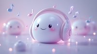 Cute kawaii character with pink headphones surrounded by musical notes and soft bokeh lights in pastel colors, creating dreamy atmosphere for children design.