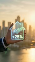 Businessman hand holding holographic house icon with 25% growth arrow against city skyline at sunset showing real estate investment success.