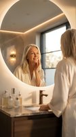 Happy middle-aged Caucasian woman in white bathrobe touching face while looking in modern bathroom mirror with warm lighting for skincare routine.