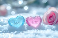 Blue and pink crystal hearts with "love" inscription on sparkling snow surface next to delicate rose, creating romantic Valentine's Day atmosphere.