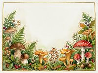 Watercolor forest mushroom frame with ferns and foliage on textured paper background for autumn botanical designs and nature-themed projects.