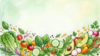 Organic fresh vegetables and salad ingredients arranged on light watercolor background, isolated for healthy eating, nutrition, and recipe design use.