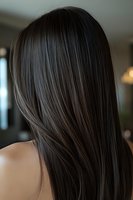 Close-up of sleek, straight dark brown hair with subtle highlights from behind, showcasing healthy shine and smooth texture for beauty and haircare advertising.