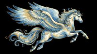 Ornate flying horse with blue and gold decorative swirls, isolated on transparent background. Great for stickers, t-shirt design, print on demand, and sublimation clipart.