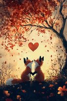 Two foxes sitting together under autumn tree with falling red leaves and heart shape in golden sunset sky, romantic nature illustration for Valentine cards.