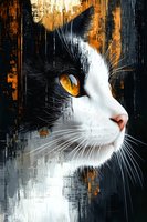 Close up portrait of black and white cat with amber eyes against dark textured background with orange accents, artistic style with brush stroke effects and dramatic lighting.