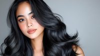 Young Asian woman with flowing black hair and natural makeup against gray background, demonstrating professional hair care and beauty styling for cosmetic advertising.