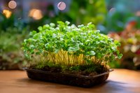 Fresh microgreens growing in soil with bokeh lights in background, organic sprouts on wooden surface for healthy eating and home gardening.