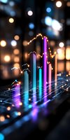 Glowing financial chart with colorful gradient bars and sparkle effect on dark background with bokeh lights, showing business growth and market analysis data.