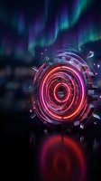 Futuristic glowing portal with neon lights and aurora borealis background for sci-fi technology concepts and digital art projects.