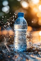 Fresh water bottle splashing in golden sunset light with dynamic water drops and bokeh effect creating refreshing atmosphere for beverage advertising.