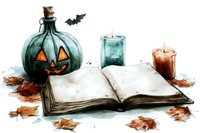 Open book with glowing green glass pumpkin lantern, candles and autumn maple leaves in watercolor style, spooky Halloween decoration for seasonal design.
