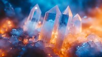 Glowing crystal quartz points emerge from orange and blue illuminated base, creating magical mineral formation with ethereal lighting effects and dreamy atmosphere.