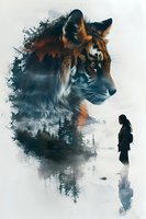 Artistic double exposure of tiger head blended with misty forest landscape and silhouette of person standing in snow, creating atmospheric nature composition.
