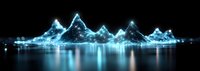 Glowing mountain range silhouette reflected in calm water at night, creating ethereal blue light effect with digital art style panoramic composition.