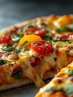 Fresh baked pizza with melted mozzarella cheese, cherry tomatoes and herbs in macro shot showing stretchy cheese texture and crispy crust detail.