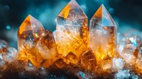 Glowing orange citrine crystal cluster with transparent quartz points against dark turquoise background with bokeh lights, macro mineral photography.