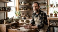 Confident middle-aged Caucasian male potter shaping clay on a wheel in a rustic workshop filled with handmade ceramic pieces.