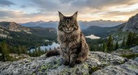 Maine Coon cat sitting on mountain rock overlooking alpine valley at sunset with dramatic sky and forest landscape below creating majestic wilderness scene.