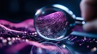 Magnifying glass revealing intricate fingerprint patterns in purple and blue tones with dramatic lighting and reflective surface, creating mysterious forensic atmosphere.