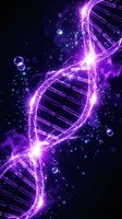 Glowing purple DNA double helix structure with luminous particles and energy effects on dark background, suitable for biotechnology, genetics, science, and medical research presentations.