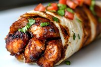 Grilled spicy shrimp wrap with fresh cilantro and diced tomatoes, wrapped in warm flatbread. Close-up view shows charred, glazed seafood with vibrant garnish.