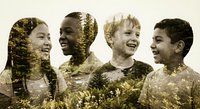 Happy diverse children laughing together with double exposure forest nature overlay creating environmental conservation concept for Earth Day campaigns.