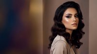 Professional young Middle Eastern woman with curly hair and makeup in beige blazer looking confident in modern office setting for business portraits.