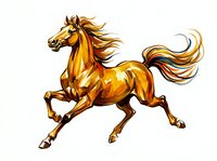 Golden horse galloping with flowing mane and tail, isolated on white background. Suitable for equestrian designs, logos, t-shirts, and clipart applications.