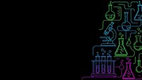 Science laboratory equipment with colorful neon outline icons including microscope, test tubes, beakers and flasks on black background for research design.