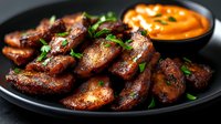 Grilled spicy sausages with herbs served on black plate alongside creamy orange dipping sauce for barbecue dining and restaurant menu photography.