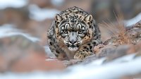 Majestic snow leopard with piercing blue eyes crouching in snowy mountain terrain, displaying intense predatory focus while stalking prey in natural habitat.