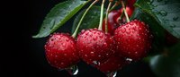 Fresh ripe cherries with water drops on dark background, macro shot showing juicy red fruit with stems and green leaves in natural light.