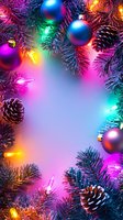 Colorful Christmas frame with blue and purple ornaments, pine cones, and glowing string lights on fir branches against blurred pink and blue background.