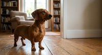 Adorable brown dachshund dog standing on wooden floor in cozy home interior with bookshelf and natural light from window creating warm domestic atmosphere.