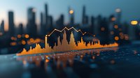 Financial data visualization with glowing orange graph and chart elements against blurred urban skyline background at dusk, showing market analysis and statistics.