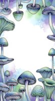 Watercolor mushroom frame with fantasy fungi featuring purple, blue, and green hues on white background. Isolated design element suitable for invitations, posters, and creative projects.