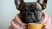 Close up portrait of French Bulldog in pink knitted sweater with coffee cup. Dark brindle Frenchie looking at camera with expressive eyes against light background.
