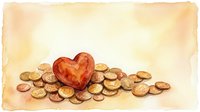 Red heart surrounded by golden coins on watercolor background symbolizing love for money, wealth attraction, financial romance and prosperity mindset.