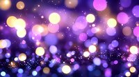Magical purple and gold bokeh lights background with glowing defocused circles and sparkles creating dreamy atmospheric effect for festive designs.