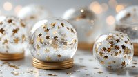 Festive glass snow globes with golden star confetti inside, creating magical holiday atmosphere on blurred bokeh background.