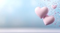 Soft pink heart shapes floating in dreamy pastel blue atmosphere with scattered small hearts creating romantic Valentine's Day or love concept background.
