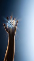 Hand displaying glowing neon medical cross and gear symbol, representing healthcare technology, digital medicine, and innovation in medical services and support.