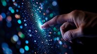 Finger touching glowing digital particles with blue bokeh light effect, creating magical connection in dark space. Technology concept for digital transformation.