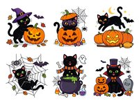 Black cats with jack-o-lantern pumpkins, bats, spiders and autumn leaves. Isolated Halloween clipart set on white background, ready for design use on t-shirts, invitations and seasonal decorations.