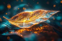 Magical autumn leaf with water drops and golden sparkles on dark background with bokeh lights creates mystical nature atmosphere.