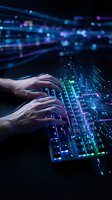 Hands typing on futuristic holographic keyboard with glowing digital data streams and neon light effects for technology and cybersecurity concepts.